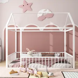 Twin Size Bed Frame with Rails and Roof, Metal House Bed Frame, Twin Floor Beds for Bedroom, White