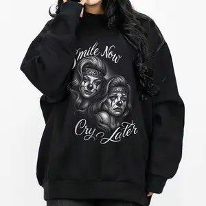 Smile now cry later Chicano Clothing Lowrider Chicana Art Gangster Cholo Outfit Cotton Fabric Menswear Casual Streetwear Hoodie Unisex Loose Fit Style 1510 1
