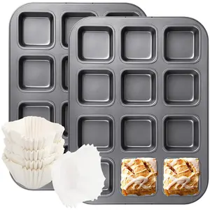 2PCS Brownie Pan with 100PCS White Cupcake Liners, 12 Cavity All Edges Square Cupcake Brownie Pans Mini Cake Non Stick Baking Bread Mold Small Edge 3x4 Individual Cutter Sheet Tray for Cookie Oven