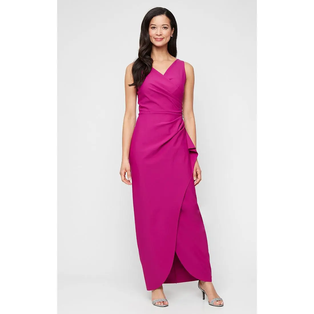 Sleeveless Compression Sheath Gown with Cascade Detail Skirt and Beaded Hip Detail