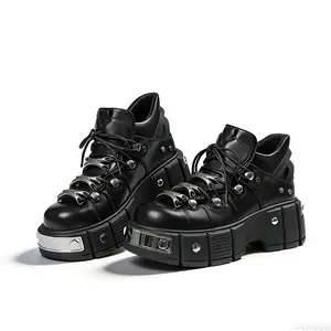 Women’s Black Platform High Top Sneakers Faux Leather Lace Up Metal Hardware Chunky Sole Edgy Streetwear Footwear for Casual Party Daily Wear