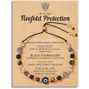 Evil Eye Crystal Bracelet – Adjustable Natural Stone Beaded Bracelet with Quartz, Amethyst & Tiger Eye