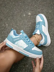 Women's New Trendy Patchwork Colorblock Height-Boosting Casual Outdoor Hiking Shoes, Fashion Letter Tree Pattern Front Laces Skateboard Shoes