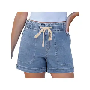 Jean Shorts for Women High Waisted Pull On Drawstring Elastic Waist Stretchy Denim Jorts Summer Shorts