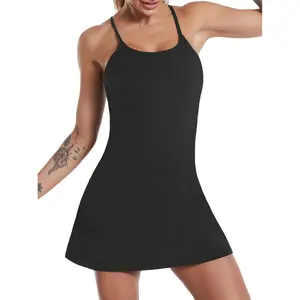 1pc Women's Athletic Tennis Dress with Removable Pads, Built-In Shorts & Pockets - Breathable Nylon Blend, Sleeveless Design for Running, Fitness & Casual Wear - Black