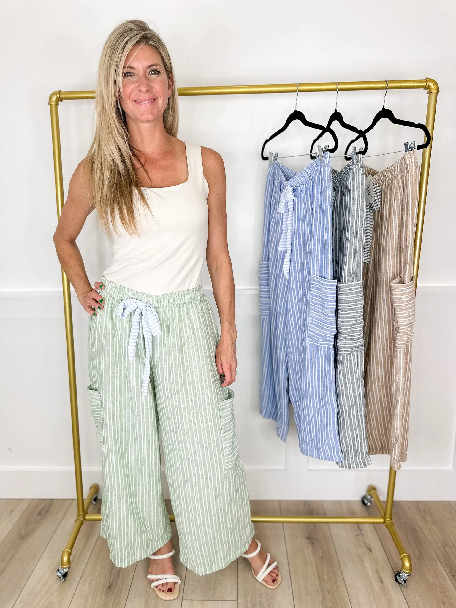 Women's Fitted High-Rise Lightweight Wide Leg Stripe Cargo Pants - Avery Mae Bottoms, Polyester Functional Fabric, Multiple Pockets, 4 Color Options, Womenswear Essential