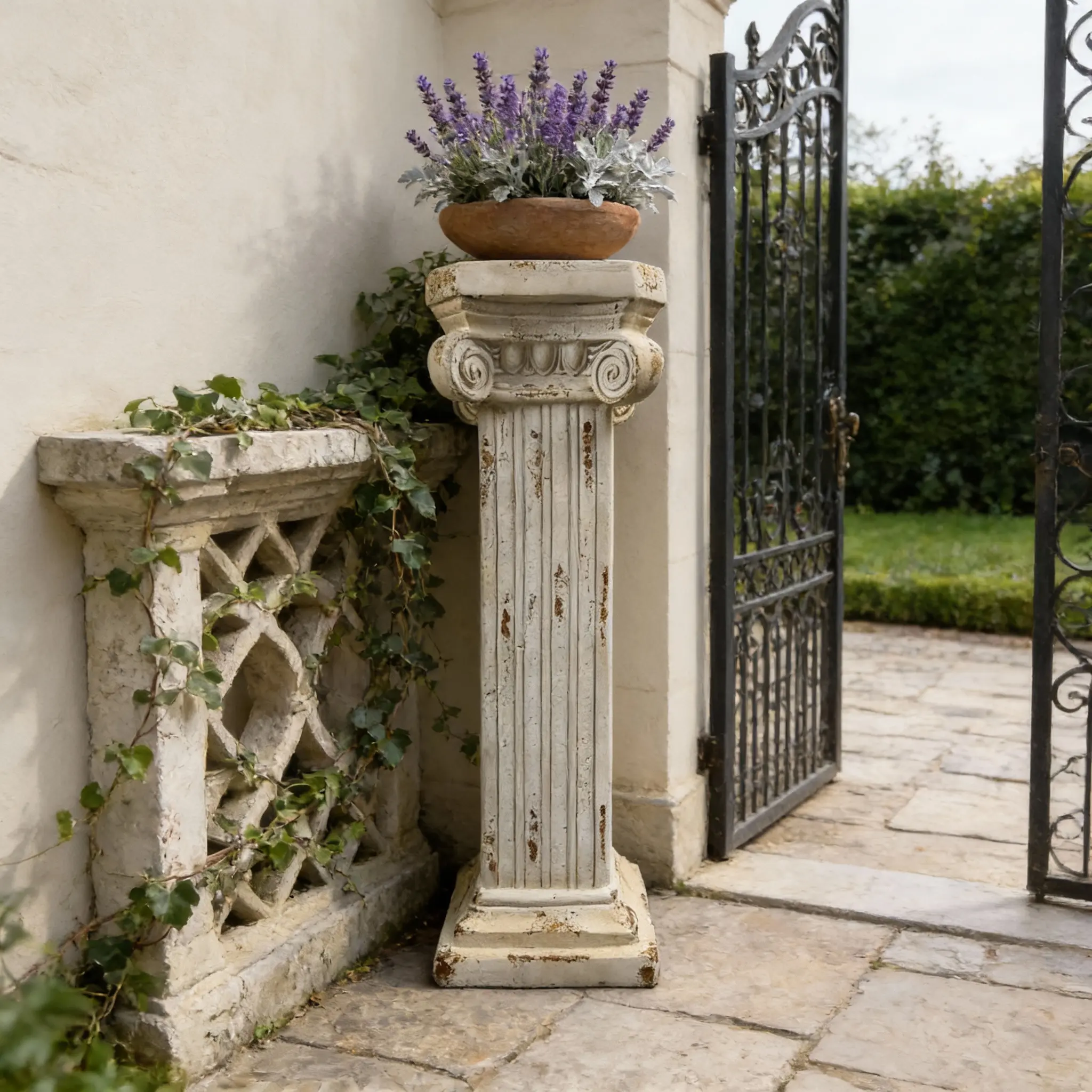 38.18 Inch Tall Roman Column Pedestal Stand, Antique White Magnesium Oxide Statue Sculpture for Garden Patio Indoor Outdoor Decor, No Assembly