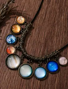 1pc Statement Solar System Necklace With 9 Planets, Space Bib Pendants, Universe Galaxy Science Jewelry On Black Cord, Suitable For Daily Wear