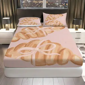 3Pcs Croissant Bow Patterned Fitted Sheet Three Piece Set (1*Fitted Sheet+2*Pillowcases, Coreless), Holiday theme, Pastry Bedding Set, Mattress protector Soft, Breathable, Bed Sheets Set