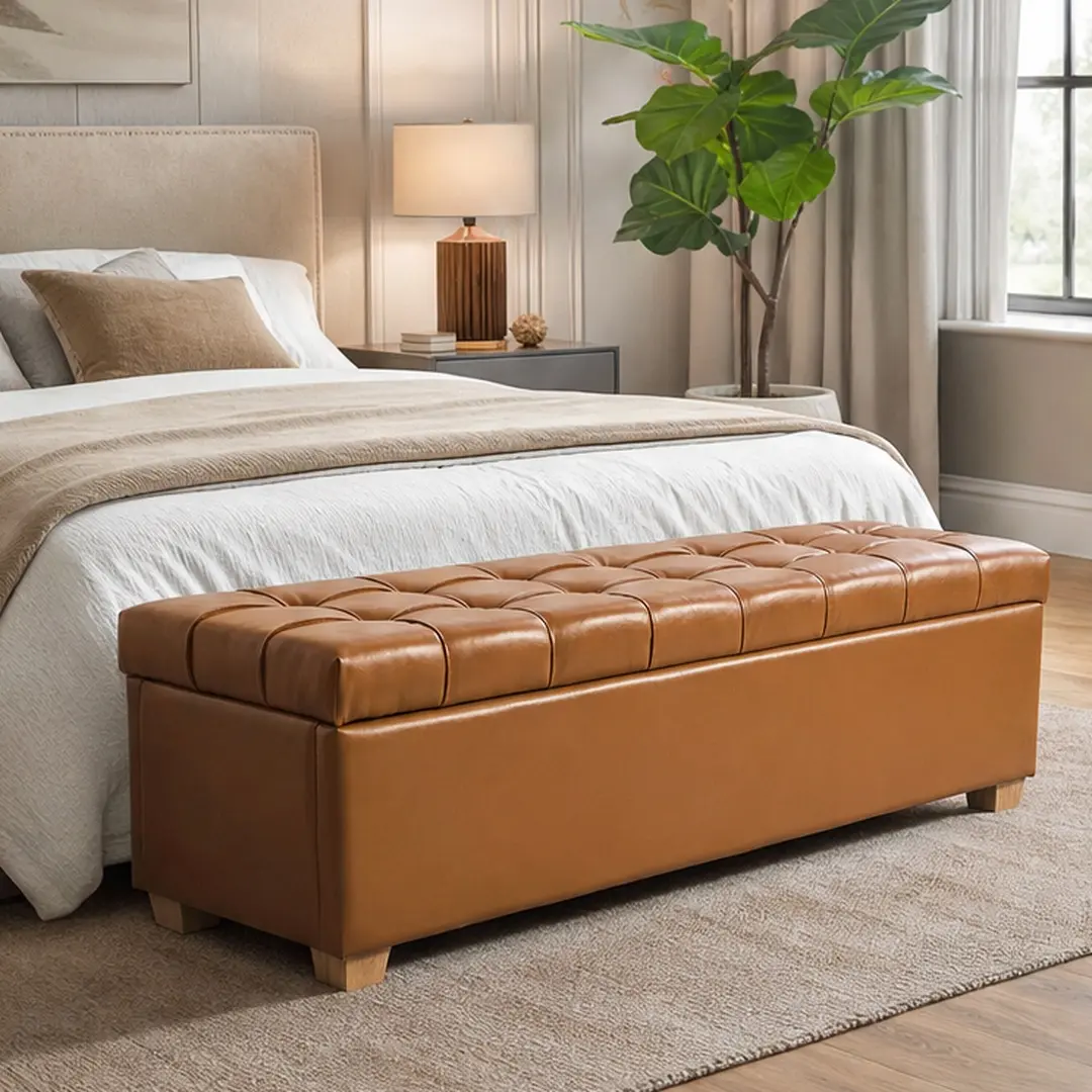 60.2'' Wide Upholstered PU Storage Bench with Flip-Top, Tufted Accent Window Bench Footrest Ottoman with Legs for Living Room Bedroom Entryway Dining Room Dorm Corner, Brown/Gray Options, Brown/Gray Color Options, PU Material