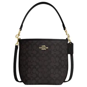 COACH City Bucket 17 Coated Canvas Tote with Monogram Print and Metal Logo. Small Size for Women in Walnut and Black.