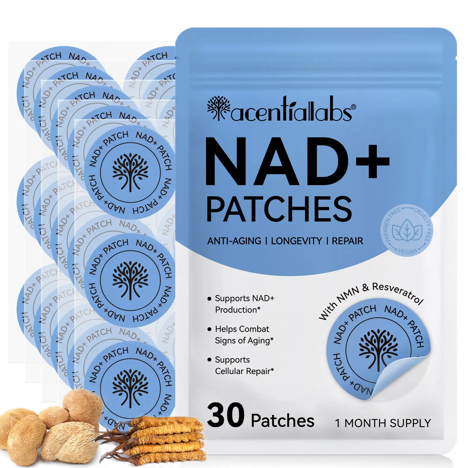 Acentiallabs Nad+ Patch 30pcs, Contains Nmn & Resveratrol, Rich in Vitamins & Extracts, Skin Absorption Nutrients, Supplement, Anti Aging Supplements, Pastel Blue