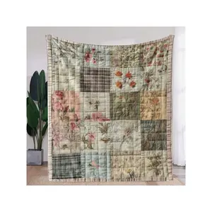 Charming Vintage Floral & Plaid Patchwork Quilt – Cozy Artistic Bedspread for Rustic Home Decor