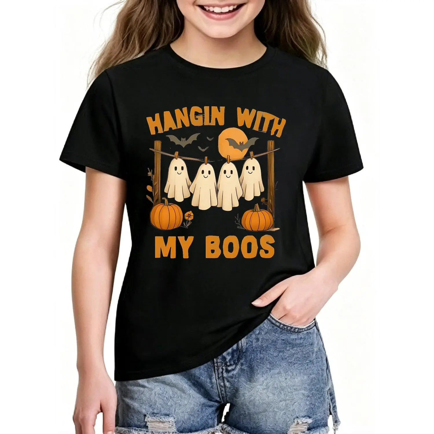 Girls T shirts Soft Breathable Short Sleeve Crew Neck Tee with Cute Print Machine Washable Party Outfit Suitable for Halloween Party Daily Wear Spring Summer Casual Wear for Girls
