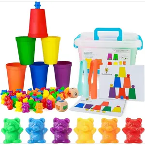 P-ITC096   Counting Bears with Matching Sorting Cups,Pre-School Math Learning Games with 2 Dices,Color Recognition STEM Educational Toy for Toddler Bonus Tweezers, Storage Box, Activity Cards