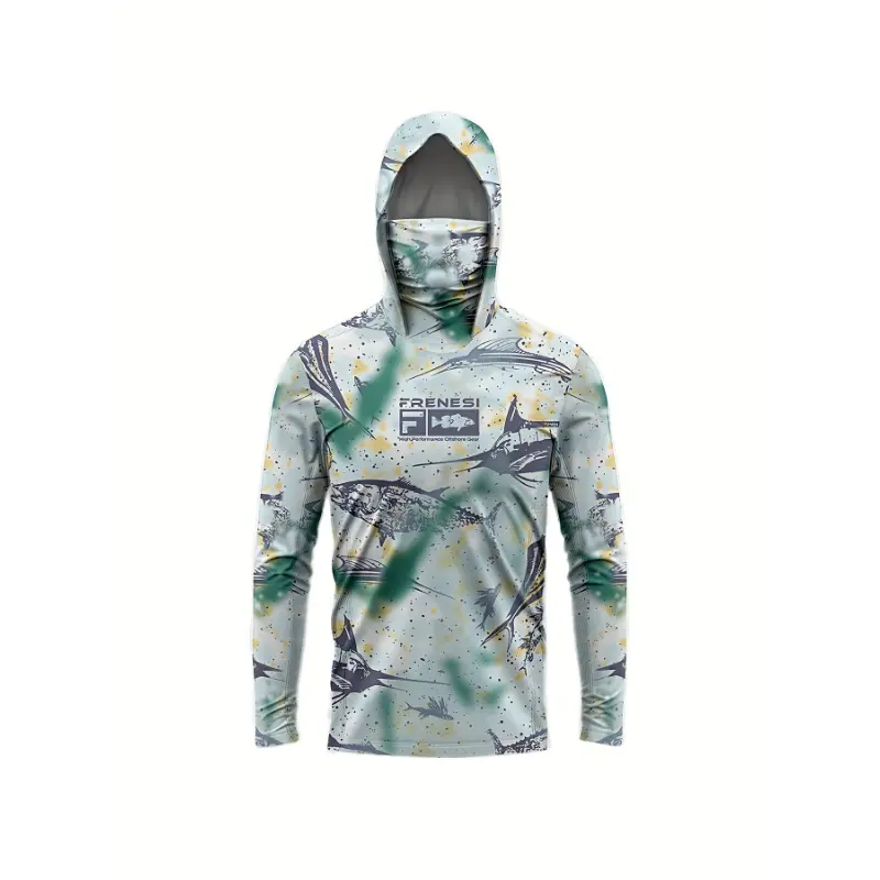 Men's Long Sleeve Camo Fishing Hoodie with Face Mask, Lightweight Sun Protective & Mosquito-Resistant Stretch Pullover for Active Wear, Camo Pattern, Outdoor Sports