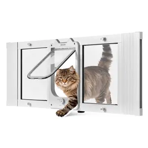 【FathersDayGift】VEVOR Cat Door for Window, Adjustable to Fit Window Width 35"-40", 4 Secure Lock Modes, Aluminum Frame and High-Transparency Glass, Magnetic Closure, Weatherproof Quick-Fit Pet Door for Cats, White
