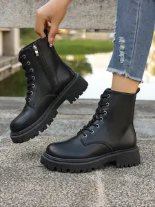 Trendy Thick Sole Boots, Stylish Lace-Up Zipper Women's Boots, Fashionable Ankle Booties for Fall & Winter