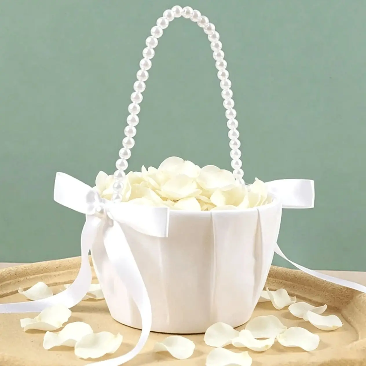 Satin Flower Girl Basket with 100pcs Petals, Elegant Wedding Ceremony and Baby Shower Decor