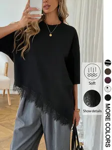 1 Spring Summer Basic Lace Trim T-Shirt Women | Round Neck Half Sleeve Asymmetric Lace Hem Loose Casual Top | Old Money Casual Chic Style for Daily Office Vacation Wear Lady