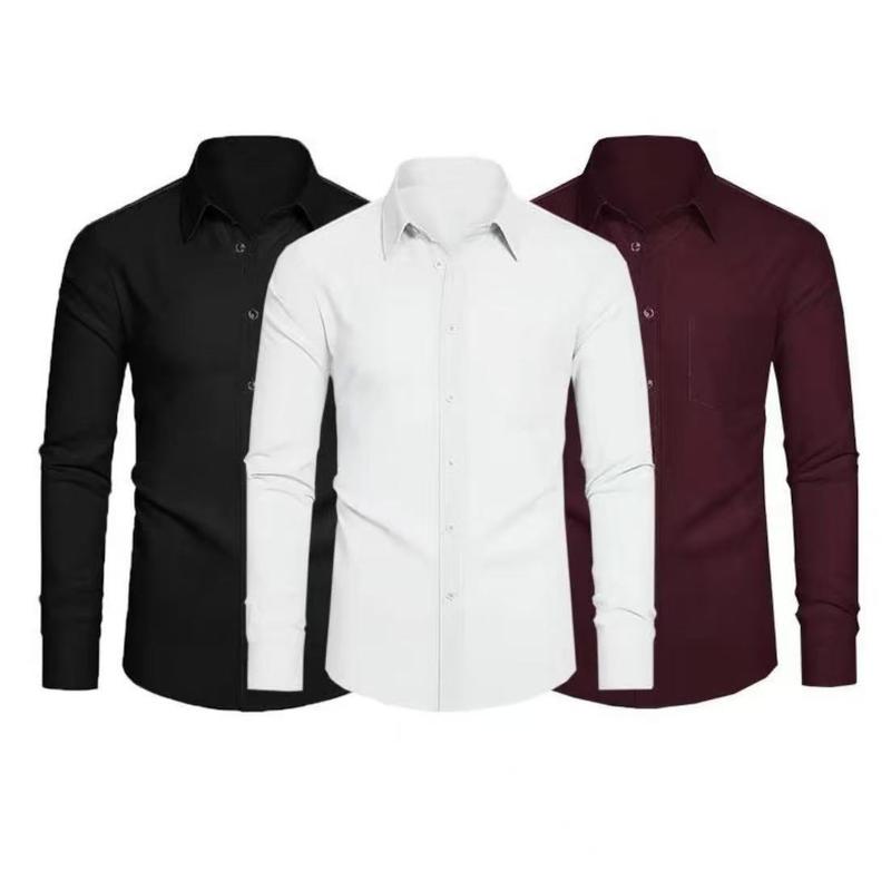 3-Piece Set Stretch and stain-resistant shirt, unisex.Shirts4-way Stretch Long Sleeve Collared Solid Wedding Dating Button Down Shirts Business Casual Breathable Outfits Menswear black logo