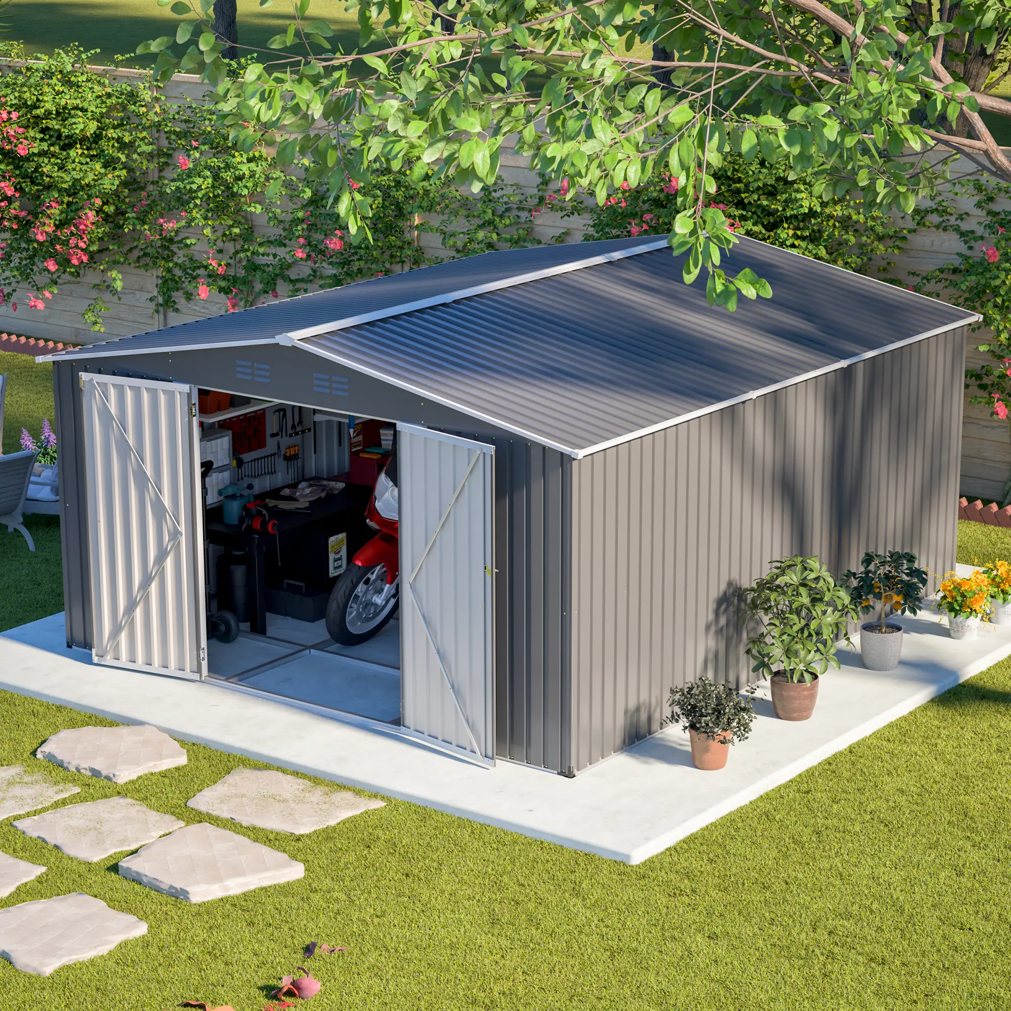 12x14 FT Large Outdoor Metal Shed for Backyard & Patio, Garden Tool Storage Building with Lockable Double Doors, Heavy Duty Waterproof Yard Shed, Light Gray