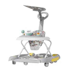 Unisex Multi-Functional Baby Walker - Synthetic Fiber Construction, Awning Top, Anti-Rollover Design, Adjustable Seat, Cartoon Print, Shake Feature
