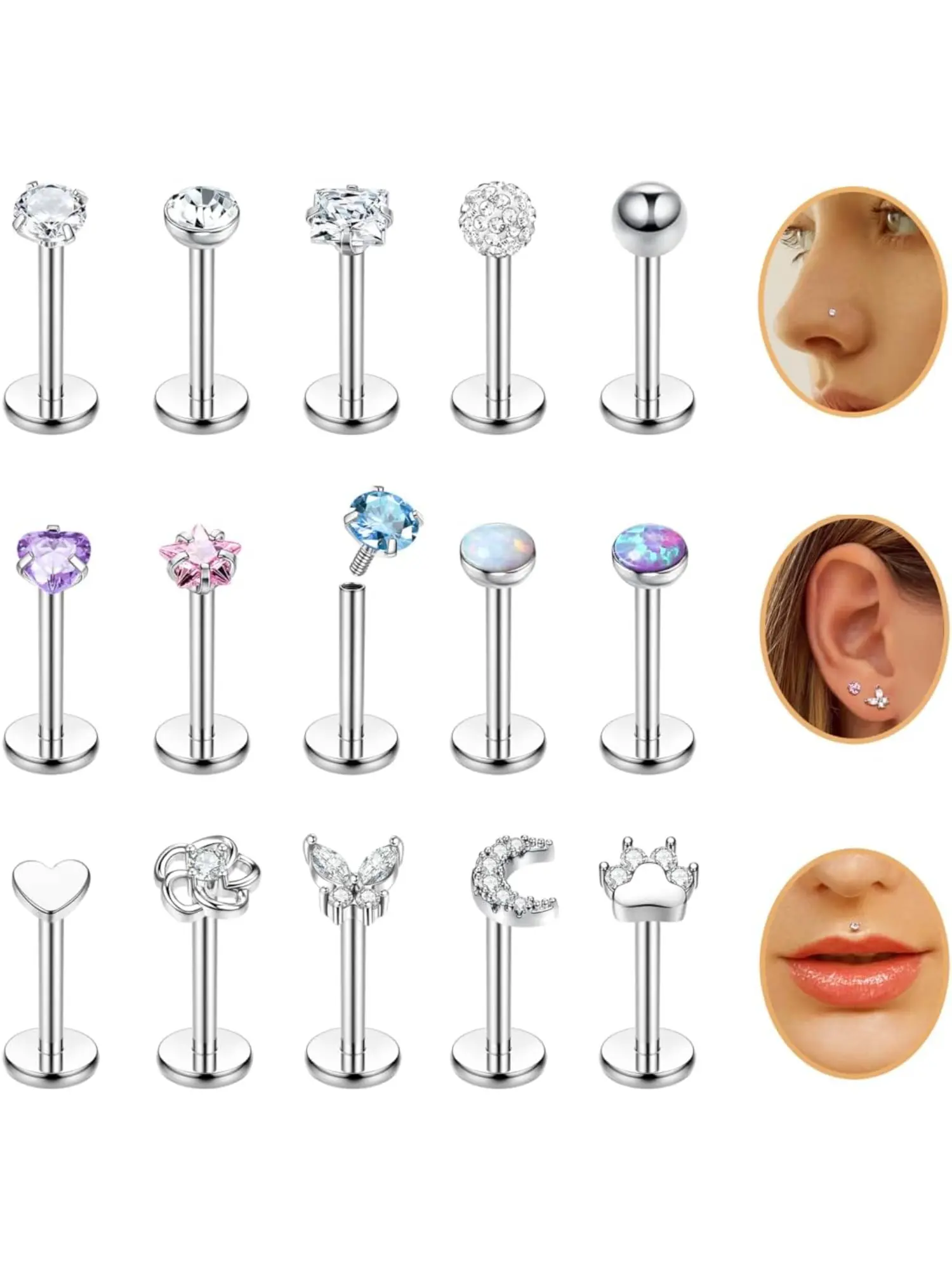 15PCS 16G 18G Stainless Steel Lip Studs for Women, Body Piercings Set, Internally Threaded Labret Lip Ring CZ Opal Flat Back Nose Rings Stud Cartilage Helix Tragus Earrings Piercing High Quality Jewelry