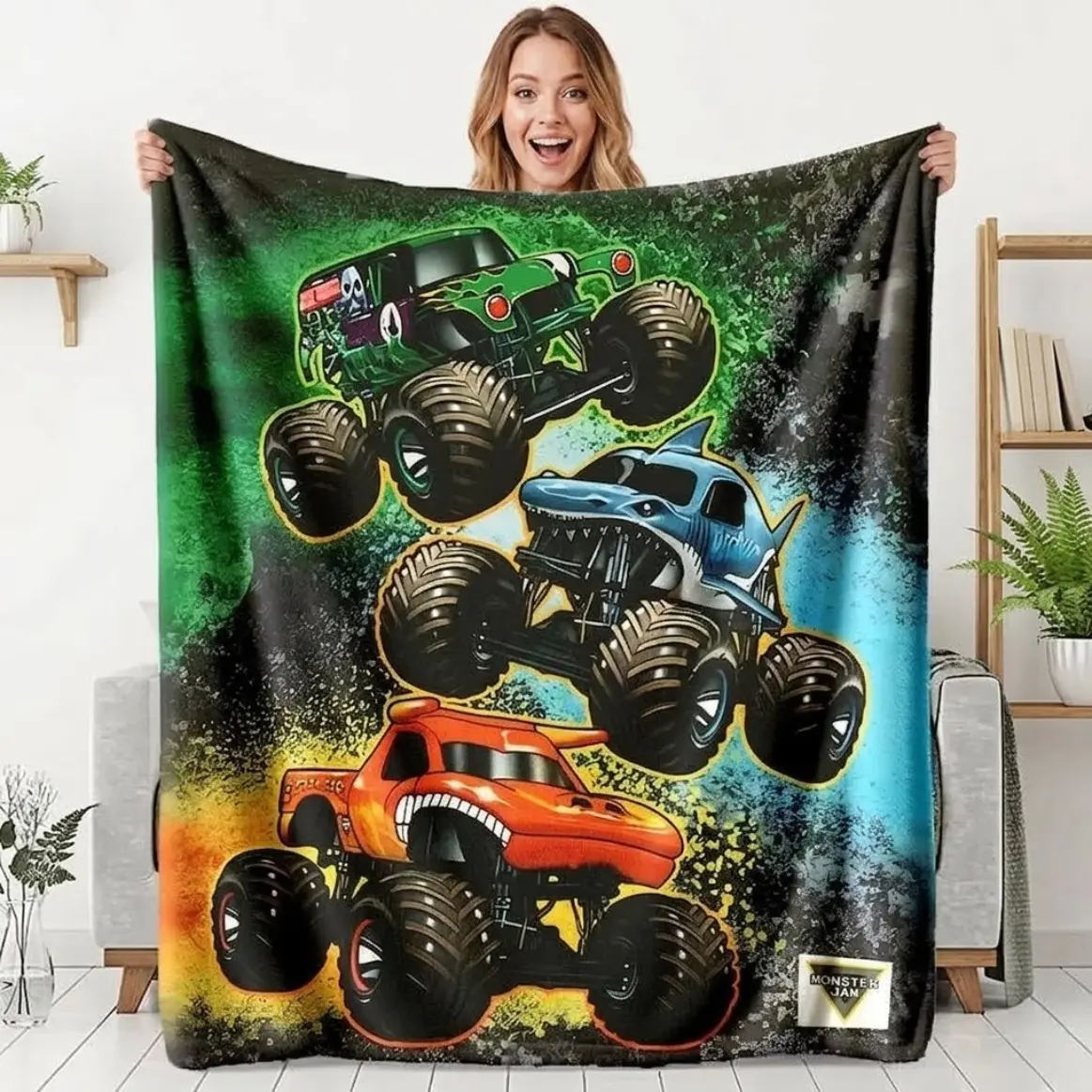 Monster Truck Flannel Blanket, Soft Cozy Plush Throw Blanket for Kids, Boys, Sofa, Bed, Bedroom, Living Room, Travel, Racing Fan and All-Season Gift