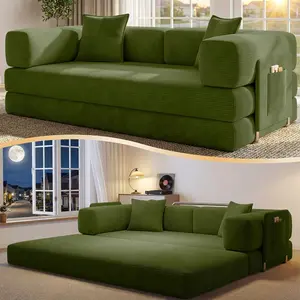 78.8" Corduroy Convertible Futon Sofa Bed with Storage Pocket, No-Assembly Boneless Couch for Living Room, Green