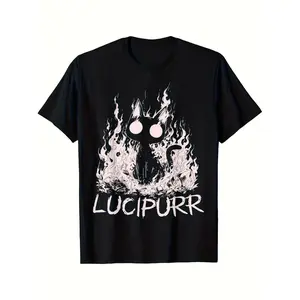 Men's Plus Size Vintage Gothic Lucipurr Cat Flames Graphic T-Shirt with Soft Breathable Crewneck Black and White Lettering