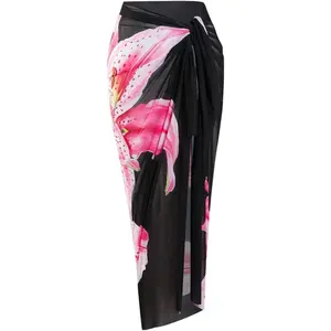 Women's Plus Size Beach Cover Ups Floral Sheer Knot Front Long Swim Skirts Sarongs Beachwear
