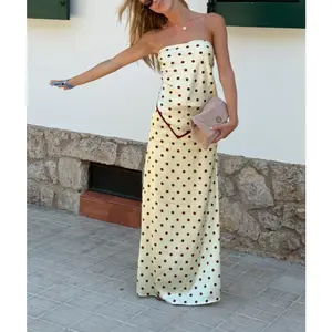 Women 2 Piece Satin Skirt Set Dot Print Strapless Tube Tops Long Skirt for Party Club