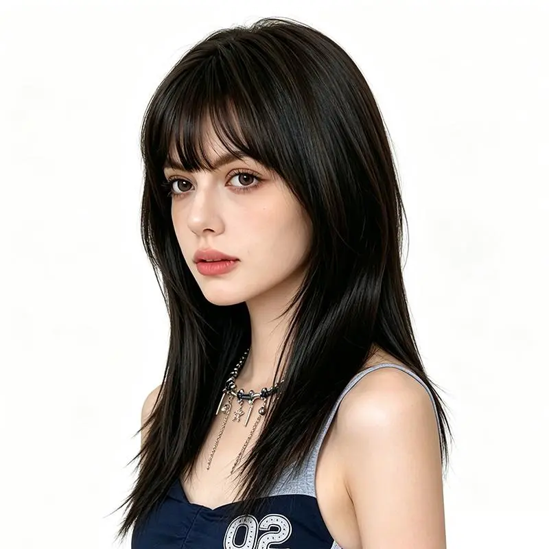 Lotfon Women's Glueless Synthetic Wig, Natural Black Medium-Length Wolf Cut, Adjustable Cap Size, Lightweight and Breathable, Natural and Realistic, Easy to Wear, Perfect for Cosplay and Daily Use