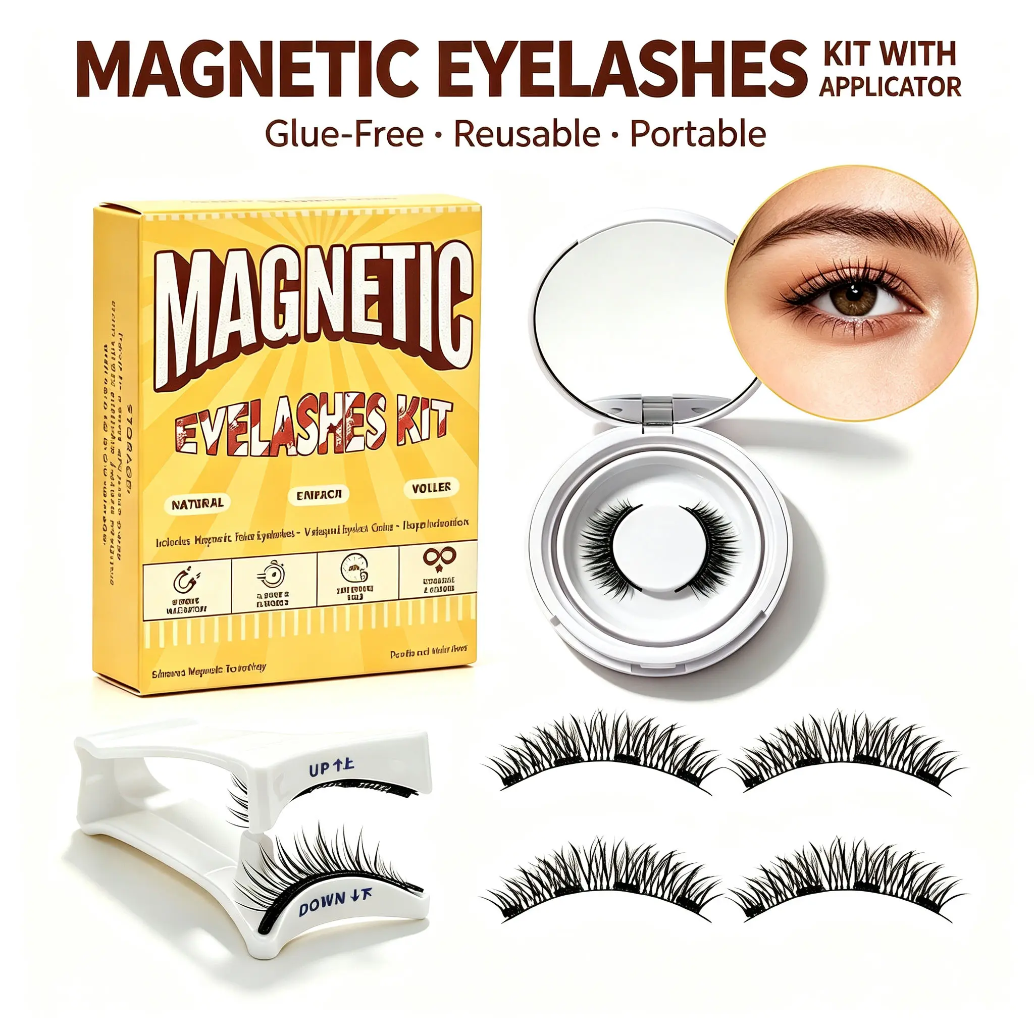 Magnetic Eyelashes Kit with Applicator Tool, Glue Free Reusable False Lashes with Portable Mirror Storage Case, Natural Fluffy Look for Daily Makeup Party