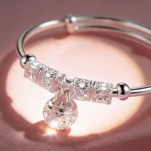 Premium S925 Sterling  Silver Plated Lucky Bell Bangle Bracelet for Women, Carved Cuff with Dangle Cut Bell Charm, Handcrafted Hypoallergenic Fashion Jewelry, Ideal Gift for Girlfriend, Wife, Mom on Anniversary, Christmas, Graduation, Mother's Day