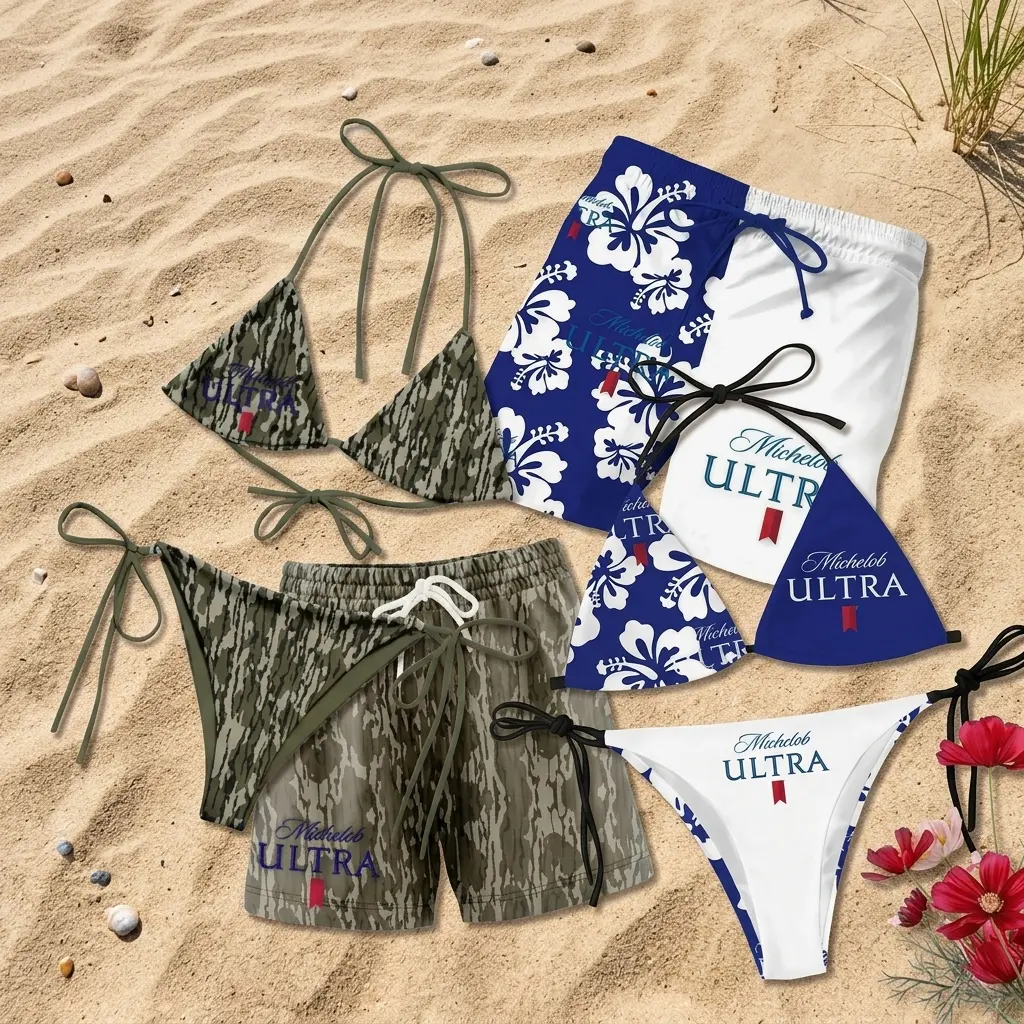 Michelob Ultra Beachwear Collection, Matching Couples Bikini and Men Swim Trunks Set, Blue White Hawaiian Swimwear, Camo Beer Logo Summer Outfit, Pool Party Vacation Gift for Men Women Beach Lovers, Resort Beach Style
