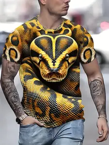 Men's Gold Snake 3D Print T-Shirt, Menswear, Fitted, Breathable Polyester Fabric, Short Sleeve Round Neck, Casual Summer Outdoor Wear