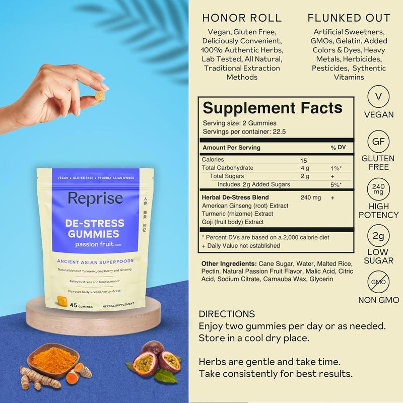 De-Stress Gummies with American Ginseng, Turmeric, and Goji - Assist with Stress Relief & Mood Boost, All-Natural Relaxation, Low-Sugar, 45 Vegan Gummies, Passion Fruit