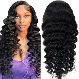 30 Inch 200 Blended Human Hair Loose Deep Wave Wig Loose Wave Lace Front Wigs Human Hair Pre Plucked 13x4 Deep Wave Human Wigs for Women HD Transparent Lace Frontal Wig Natural Black Hairline