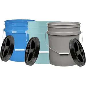 5 Gallon Food Grade Bucket Pail with Airtight Screw on Lid (Pack of 3) BPA Free Made in USA- 3 Colors (Aqua, Blue, Gray, Black lids)