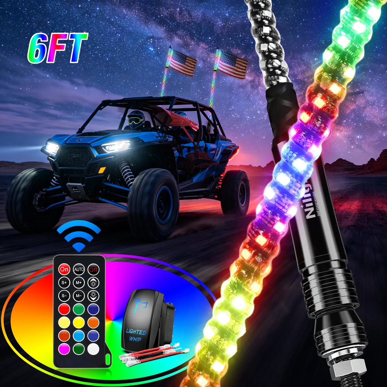 Nilight 2-Pack 6ft RGB Spiral LED Whip Lights - Off-Road Compatible RGB Atmosphere Lights with RF Remote Control for UTVs, ATVs, Trucks, Jeeps Multifunctional Car Led Lightbar, Light Bars