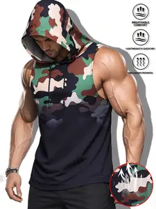 Men’s hooded sleeveless vest/tank top — breathable mesh camouflage, fashionable gradient camouflage design, drawstring hood; casual summer sleeveless top, stylish everyday menswear, sports tank top