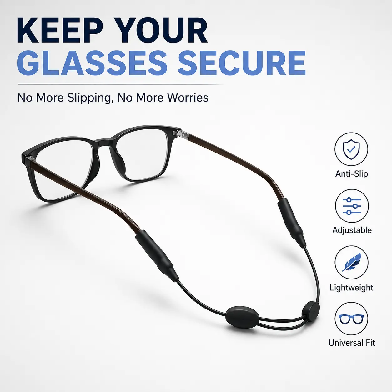2PCS Adjustable Anti-Slip Eyeglass Retainer Strap for Sports, Silicone Glasses Holder Cord, Lightweight Eyewear Strap for Running Cycling Hiking Daily Wear