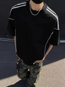 Men's Striped Trim Short Sleeve Tee, Loose Casual Fashion Round Neck T-shirt for Summer, Men's Top for Daily Wear, Tropical