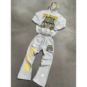 Unisex Cartoon Graphic Two-Piece Sports Set, Fleece Hoodie & Wide-Leg Pants, Perfect for Streetwear, Casual Wear, Couple, Streetwear Tracksuit Set