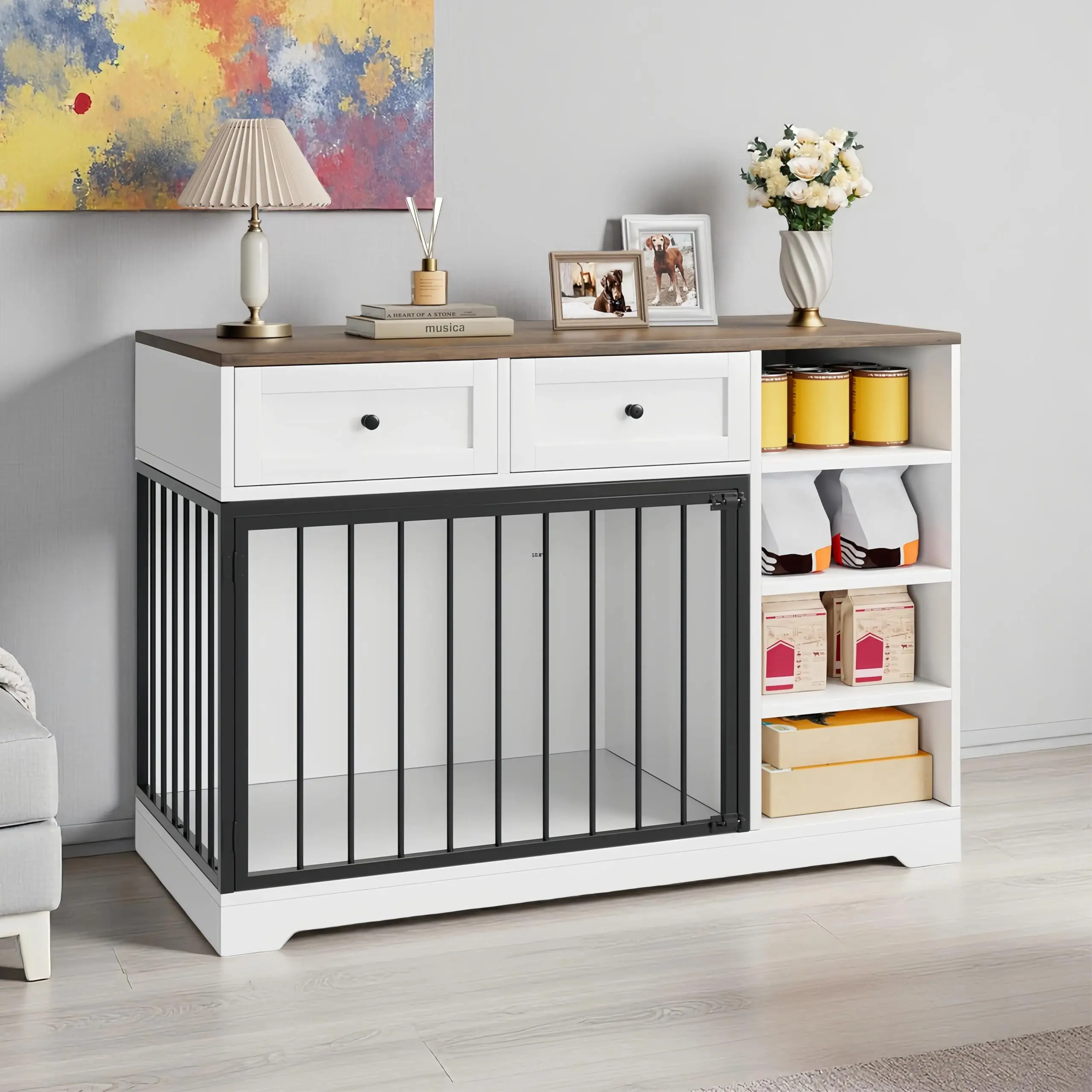 47" Furniture-Style Wooden Crate Storage Unit - Chew-Resistant Indoor Dog Crate with Drawers & Shelves, White TV Stand (34.6"L x 23.6"W x 21.7"H) for Living Room (Large-to-Medium Dogs), Wooden Crates