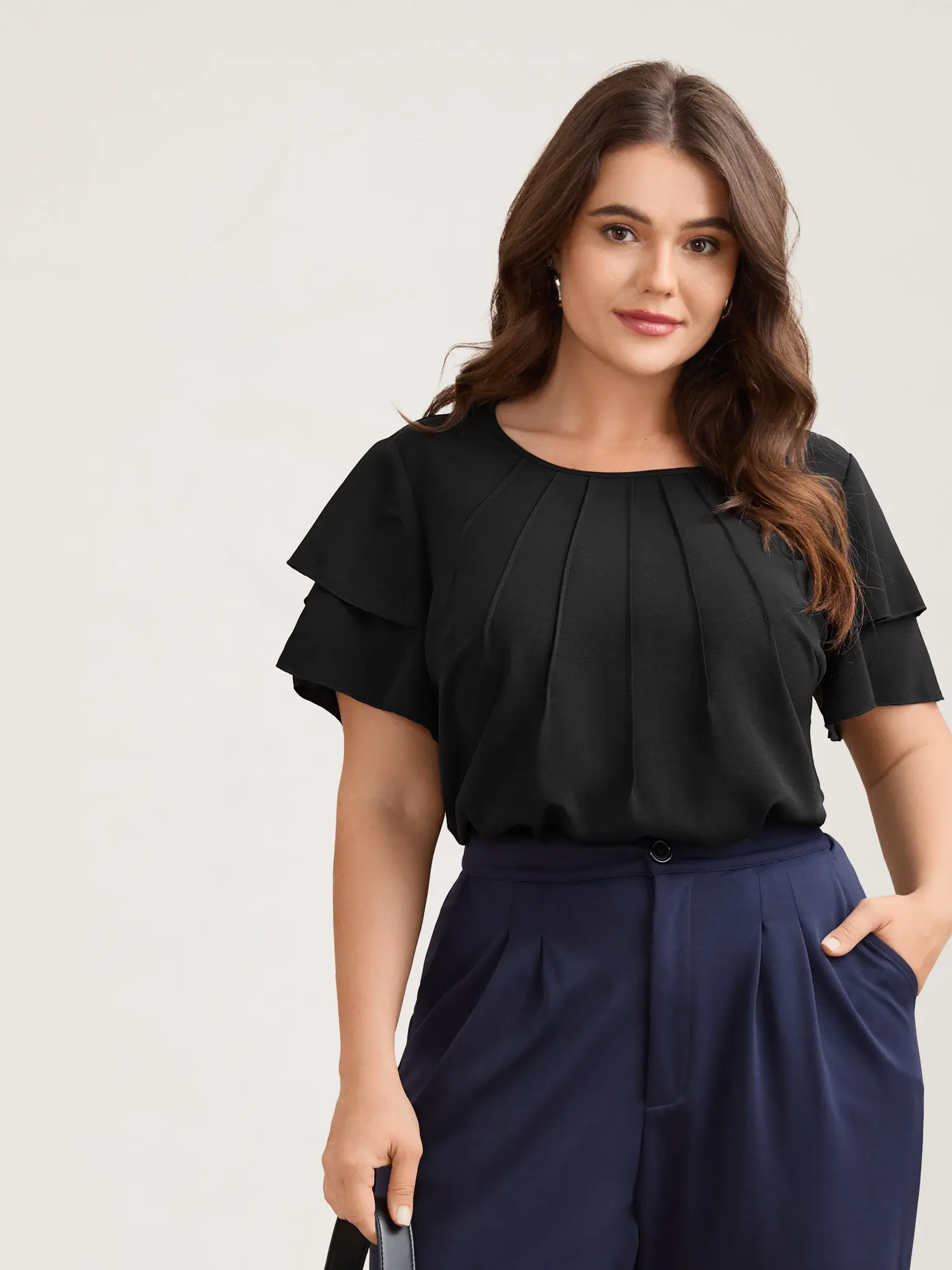 BloomChic Women's Plus Size Toothpick Pleat Layered Ruffle Short-Sleeve Blouse, 100% Polyester Fabric Garment, Regular Fit Business Casual Office Top,Plus Size Clothes, M-6X 2026 Summer Essential,Summerfinds Womenswear Top