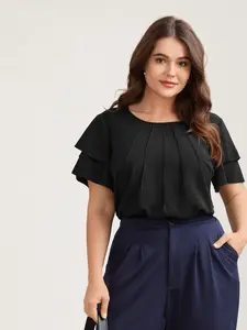 【Summer Turn-Up】【Essential】BlOOMCHIC Plus Size Toothpick Pleat Layered Flutter Sleeve Blouse Black Short Ruffle Sleeve Regular Fit Office Style 100% Polyester [1x-6x] 2026 Summer Pick for Mother's Day
