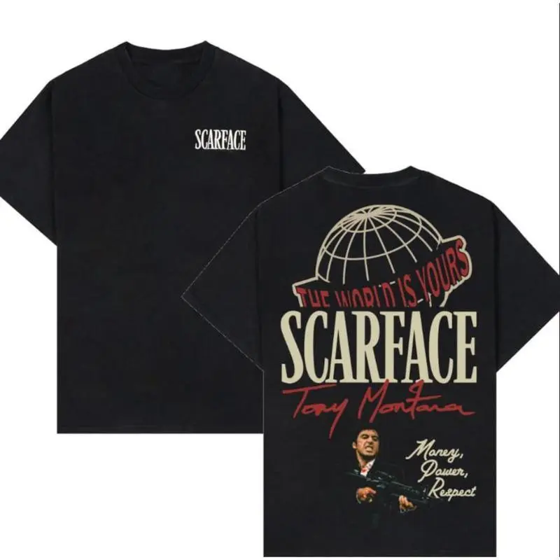 Custom Birthday Shirt[Fall outfits]Cotton fall outfitsScarface Two Sides Graphic Tee - The World is Yours Design with Tony Montana Iconic Image, Perfect for Movie Fans and Streetwear Enthusiasts graphic tee men gifts